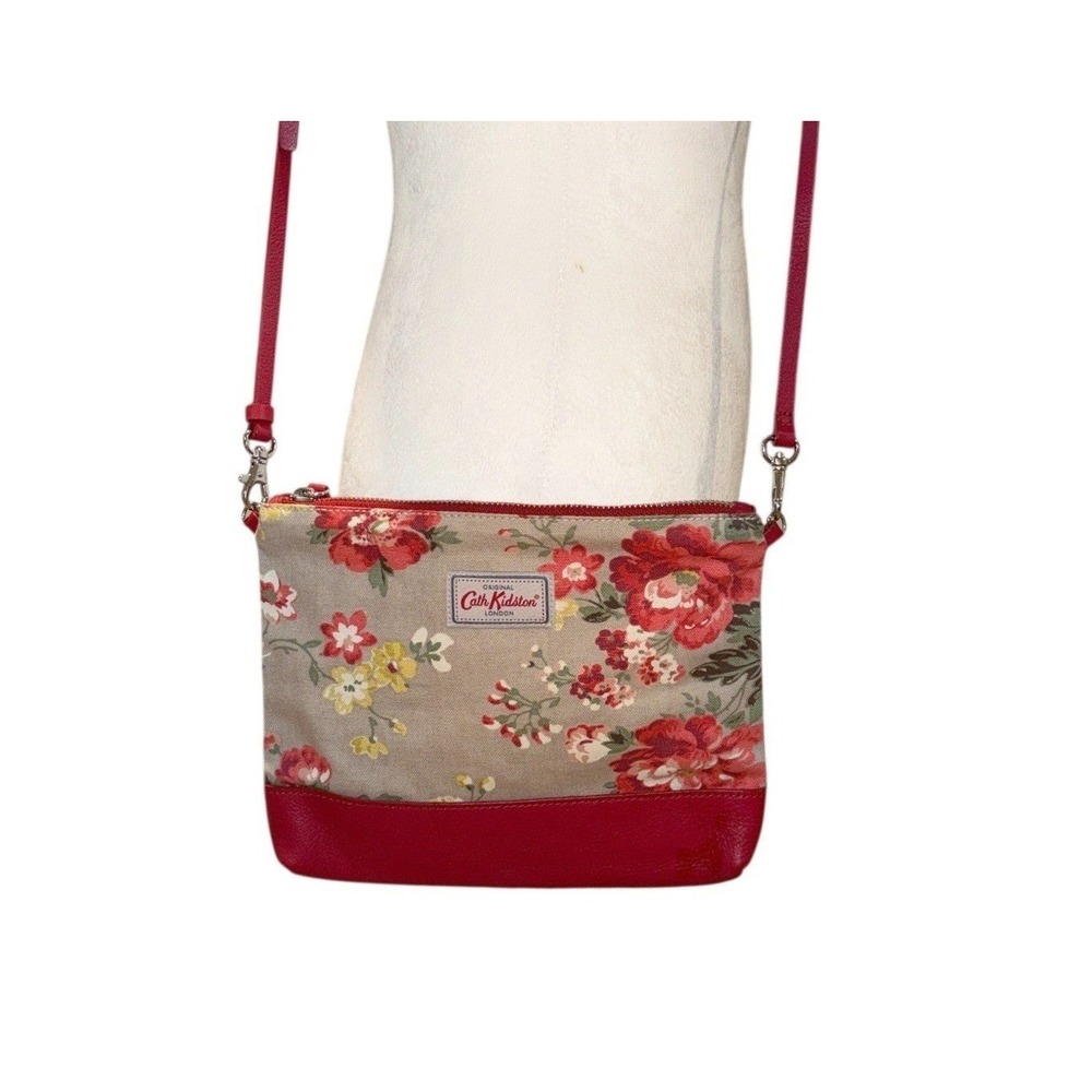 Cath Kidston London Floral Crossbody Bag Beige Red Leather Trim Detachable Strap
